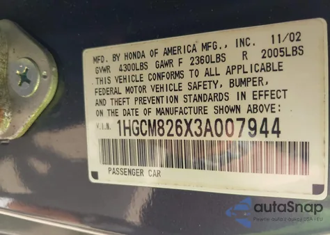 2003 Honda Accord 3.0 Ex from USA, damaged, VIN 1HGCM826X3A007944